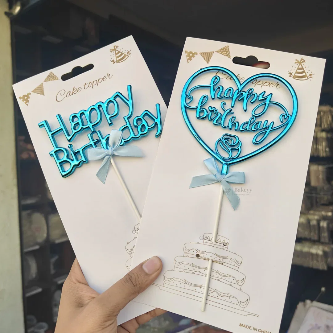 8.5 Inch | Metallic Blue Happy Birthday Cake Topper with Ribbon | Metallic Blue | 1 Piece - Image 3