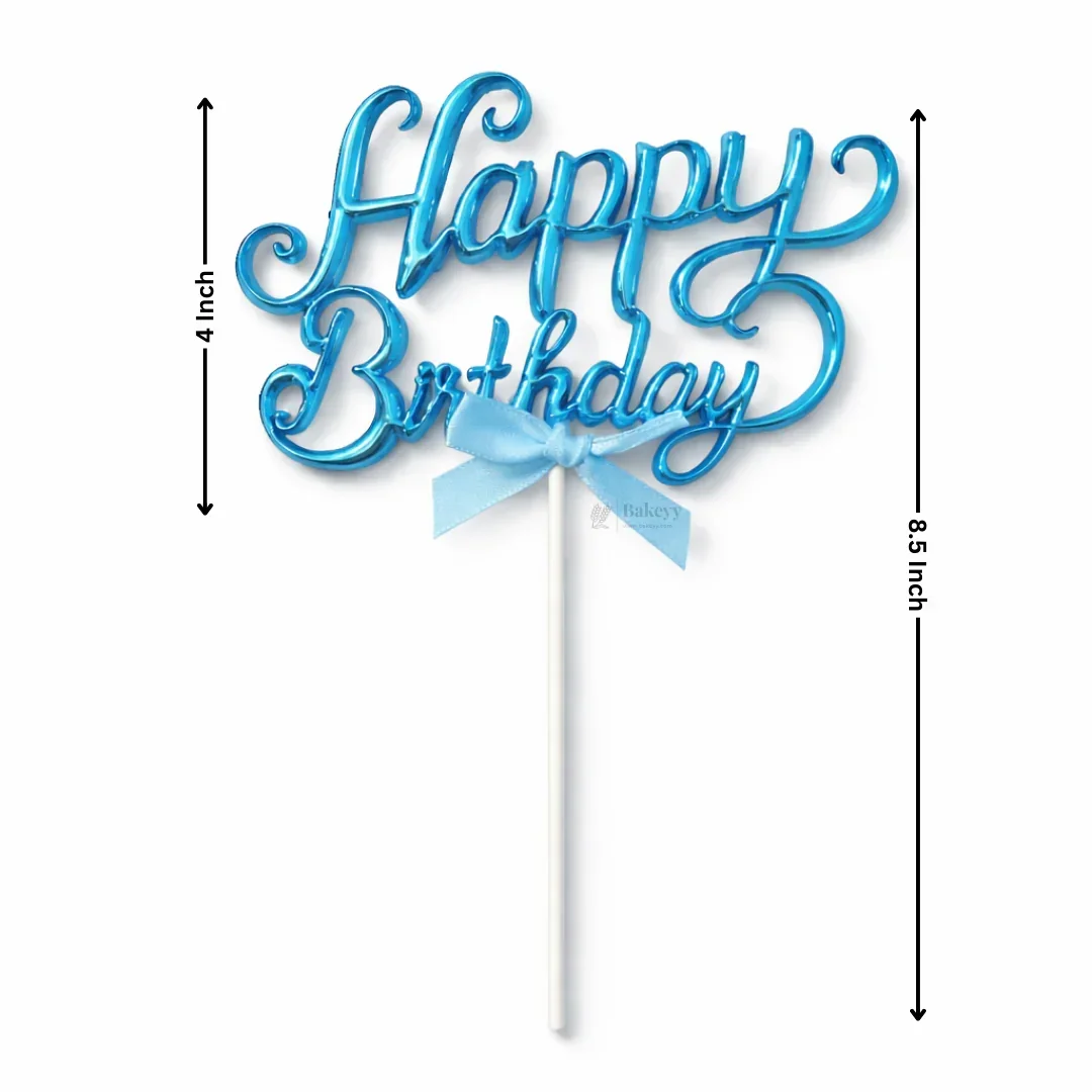 8.5 Inch | Metallic Blue Happy Birthday Cake Topper with Ribbon | Metallic Blue | 1 Piece - Image 4