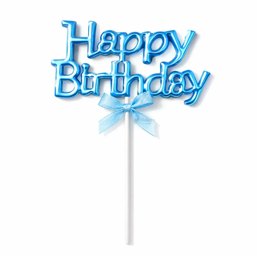 8.5 Inch | Metallic Blue Happy Birthday Cake Topper with Ribbon | Metallic Blue | 1 Piece - Image 5