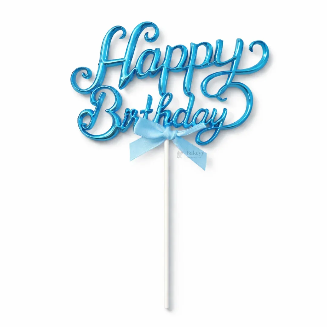 8.5 Inch | Metallic Blue Happy Birthday Cake Topper with Ribbon | Metallic Blue | 1 Piece - Image 6