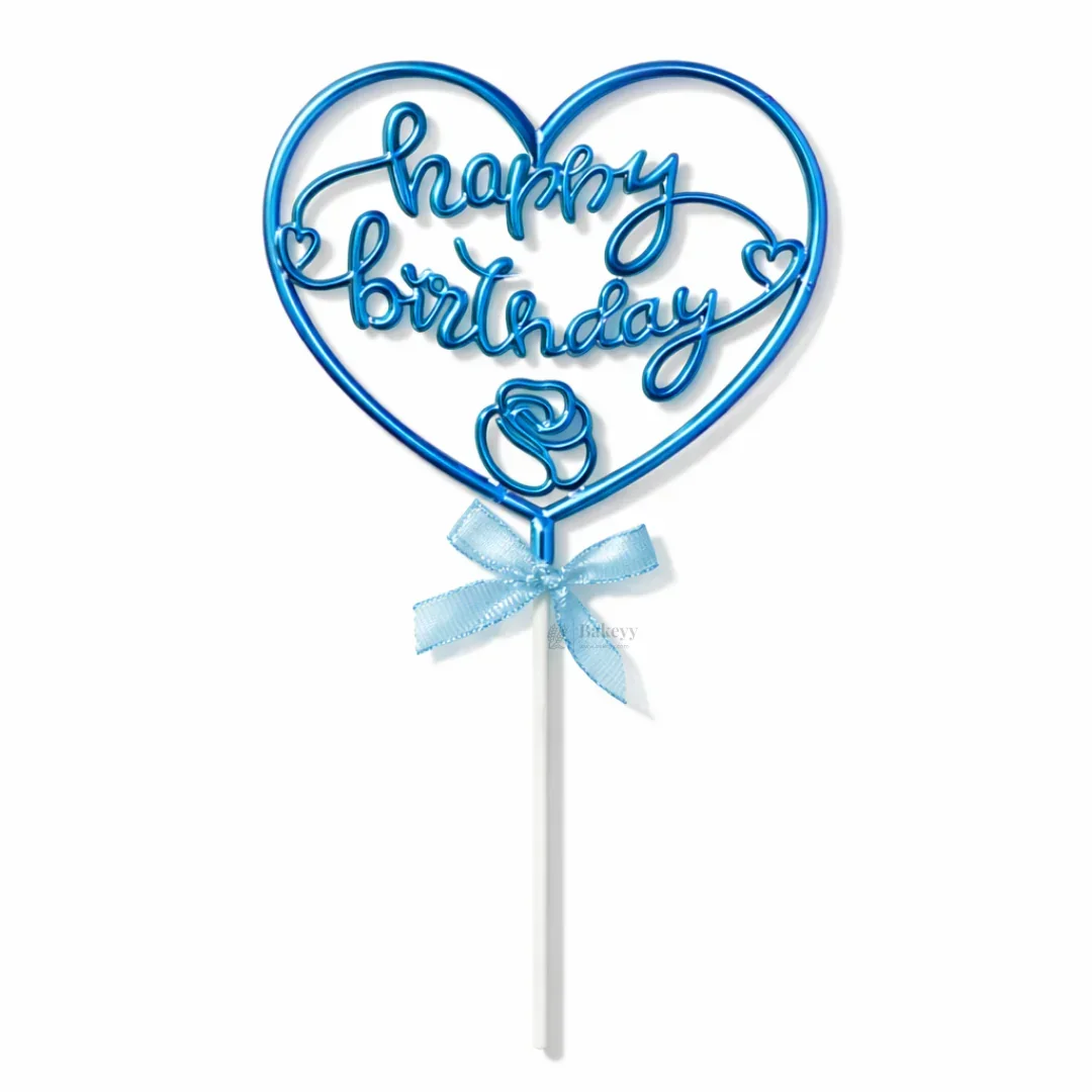 8.5 Inch | Metallic Blue Happy Birthday Cake Topper with Ribbon | Metallic Blue | 1 Piece - Image 7