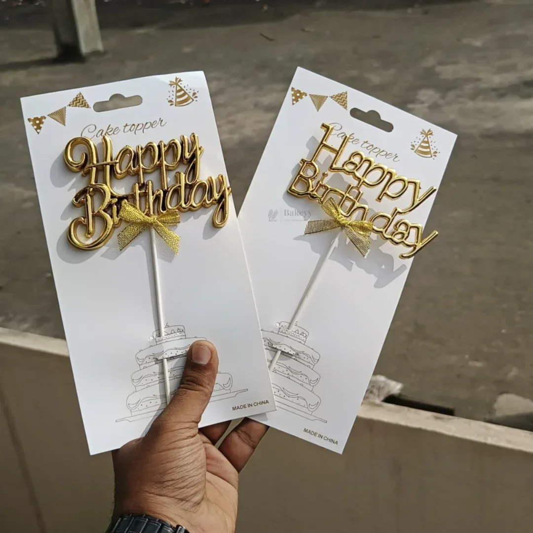 8.5 Inch | Metallic Gold Happy Birthday Cake Topper with Ribbon | Metallic Gold | 1 Piece - Image 4