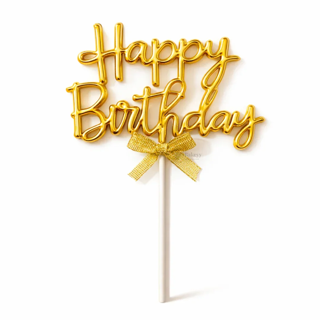8.5 Inch | Metallic Gold Happy Birthday Cake Topper with Ribbon | Metallic Gold | 1 Piece - Image 6