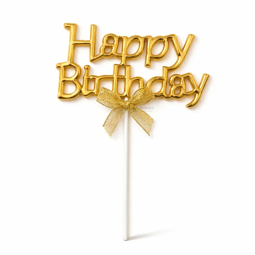 8.5 Inch | Metallic Gold Happy Birthday Cake Topper with Ribbon | Metallic Gold | 1 Piece - Image 7
