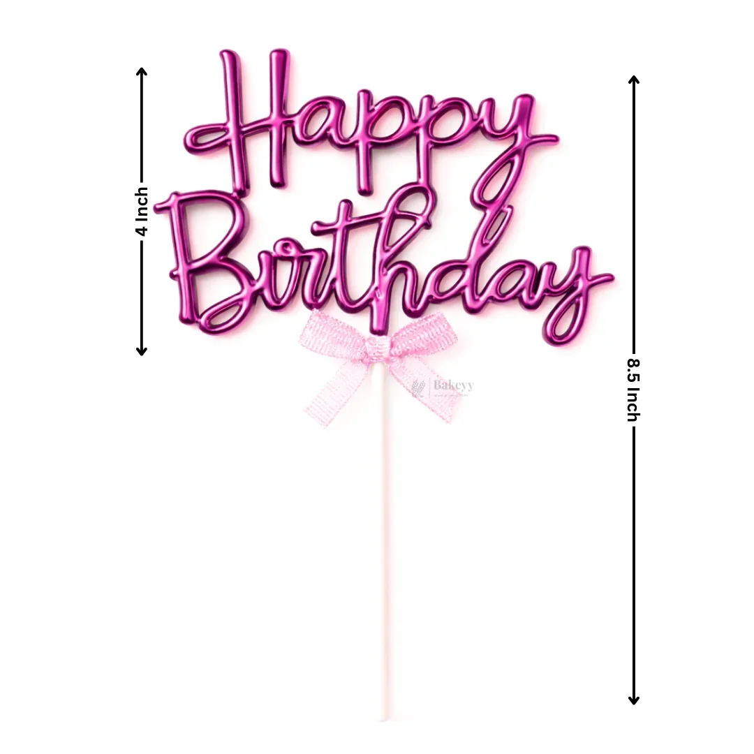 8.5 Inch | Metallic Pink Happy Birthday Cake Topper with Ribbon | Metallic Pink | 1 Piece - Image 5