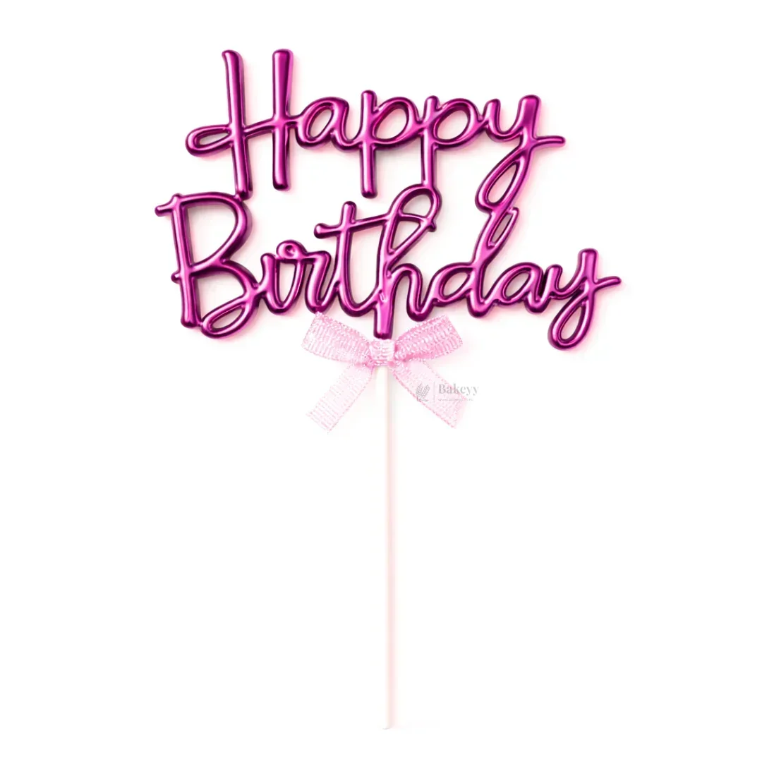 8.5 Inch | Metallic Pink Happy Birthday Cake Topper with Ribbon | Metallic Pink | 1 Piece - Image 6