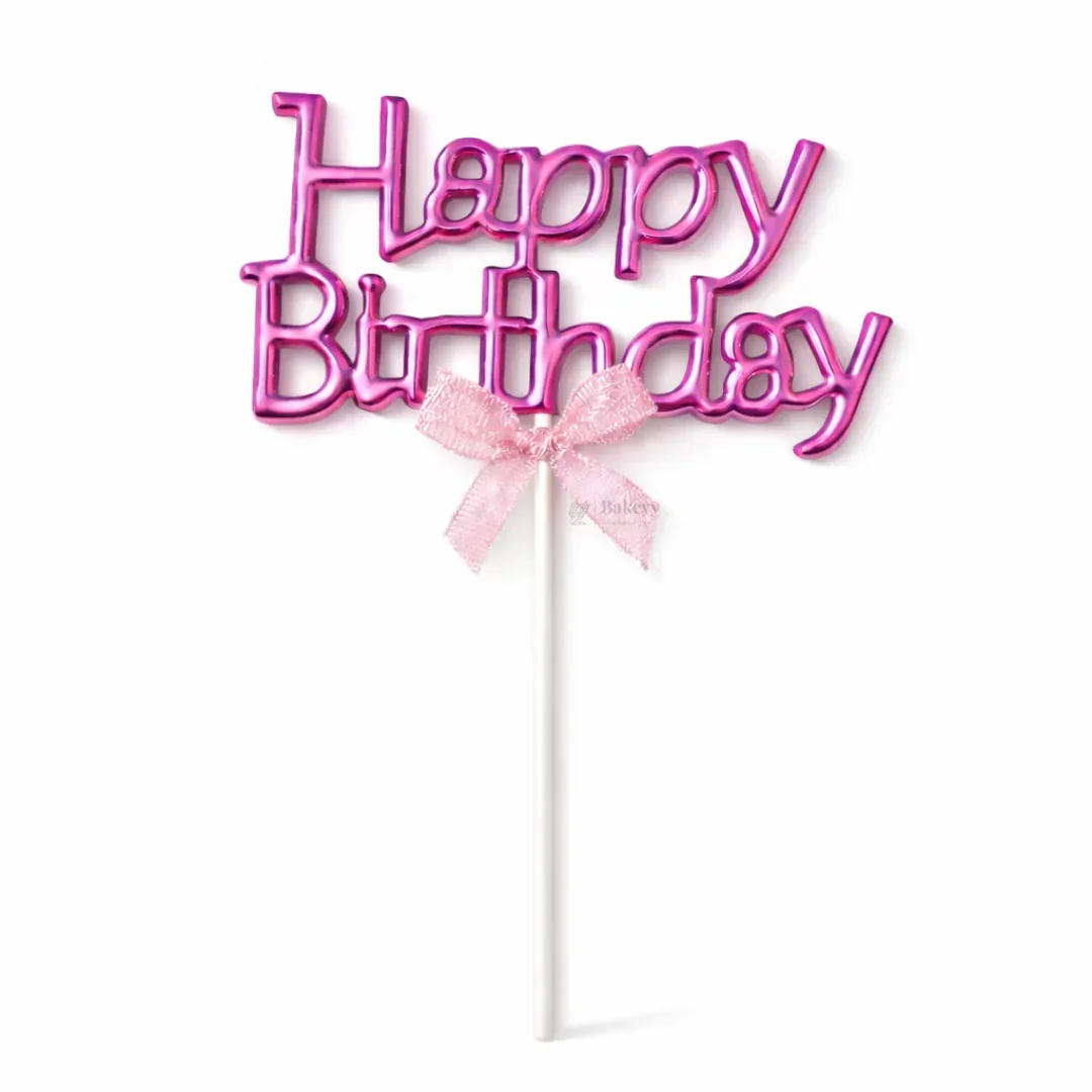 8.5 Inch | Metallic Pink Happy Birthday Cake Topper with Ribbon | Metallic Pink | 1 Piece - Image 7