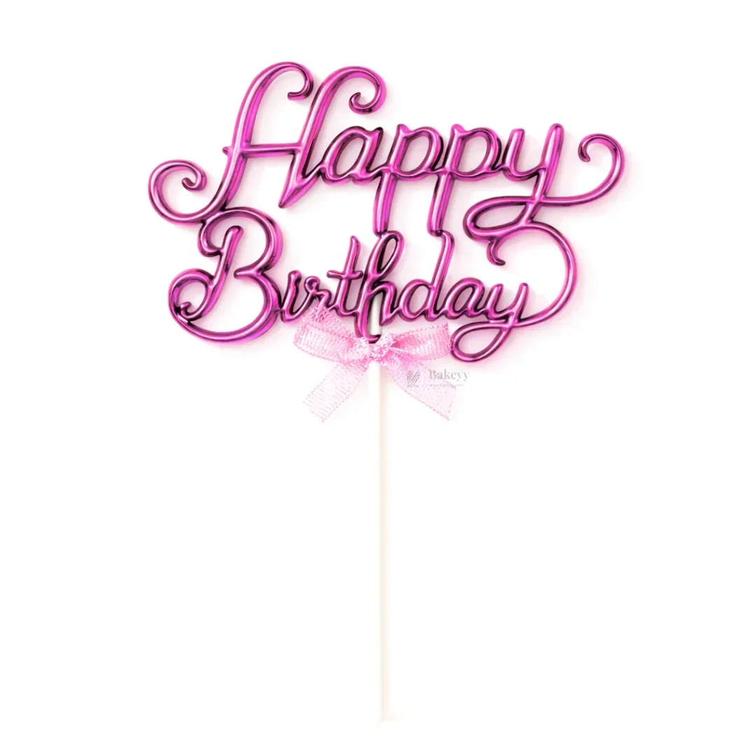 8.5 Inch | Metallic Pink Happy Birthday Cake Topper with Ribbon | Metallic Pink | 1 Piece - Image 8