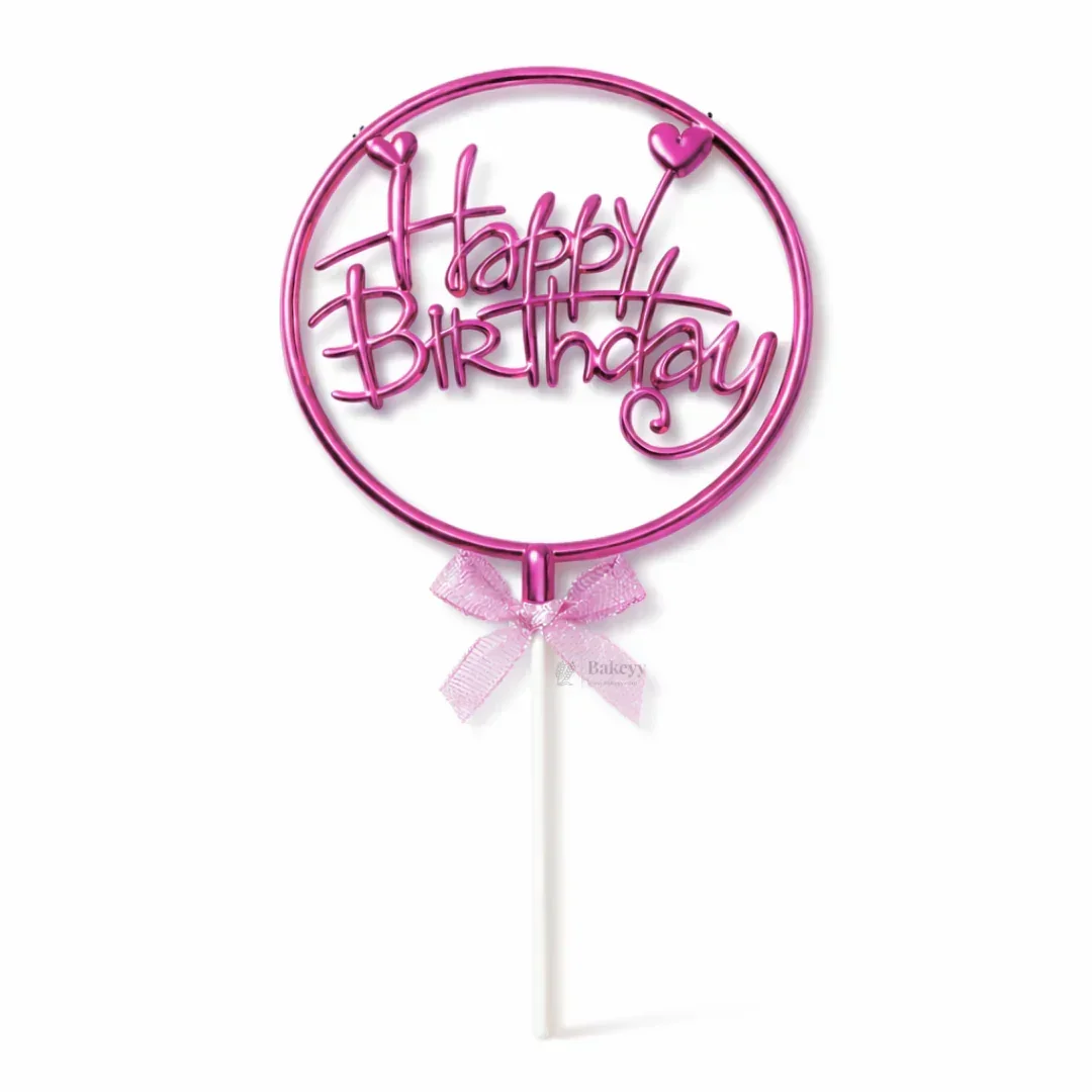 8.5 Inch | Metallic Pink Happy Birthday Cake Topper with Ribbon | Metallic Pink | 1 Piece - Image 9