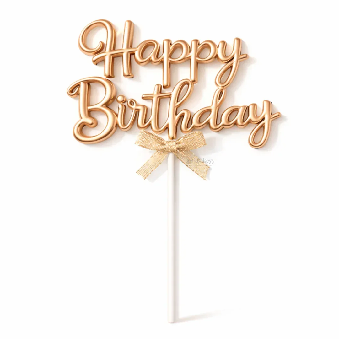 8.5 Inch | Metallic Rose Gold Happy Birthday Cake Topper with Ribbon | Metallic Rose Gold | 1 Piece - Image 9