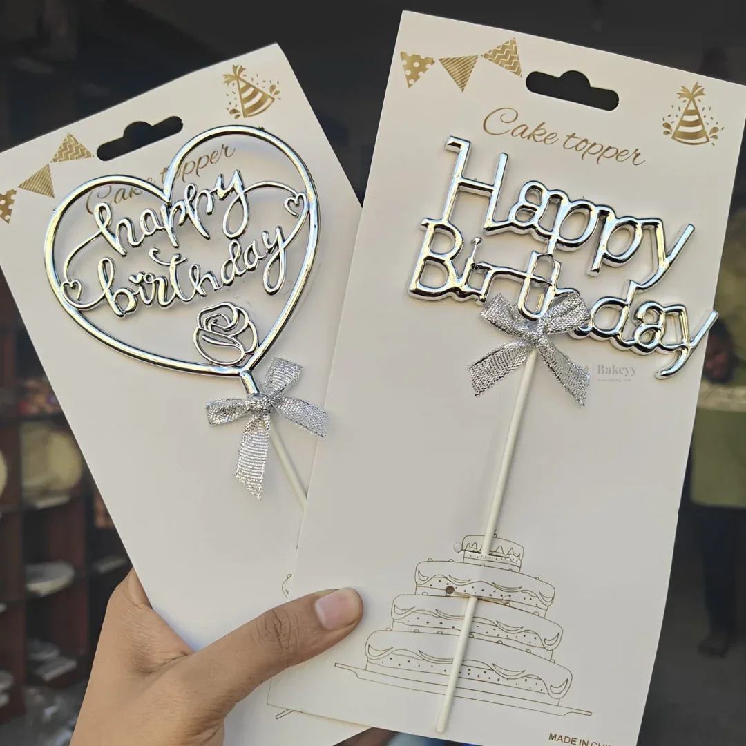 8.5 Inch | Metallic Silver Happy Birthday Cake Topper with Ribbon | Metallic Silver | 1 Piece - Image 3