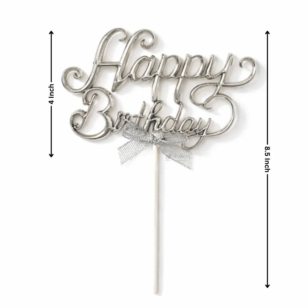 8.5 Inch | Metallic Silver Happy Birthday Cake Topper with Ribbon | Metallic Silver | 1 Piece - Image 4