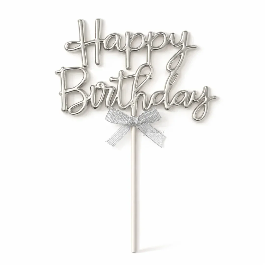 8.5 Inch | Metallic Silver Happy Birthday Cake Topper with Ribbon | Metallic Silver | 1 Piece - Image 5