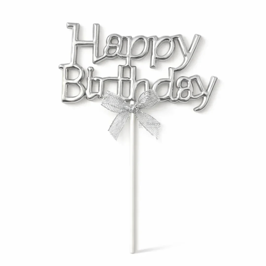 8.5 Inch | Metallic Silver Happy Birthday Cake Topper with Ribbon | Metallic Silver | 1 Piece - Image 6