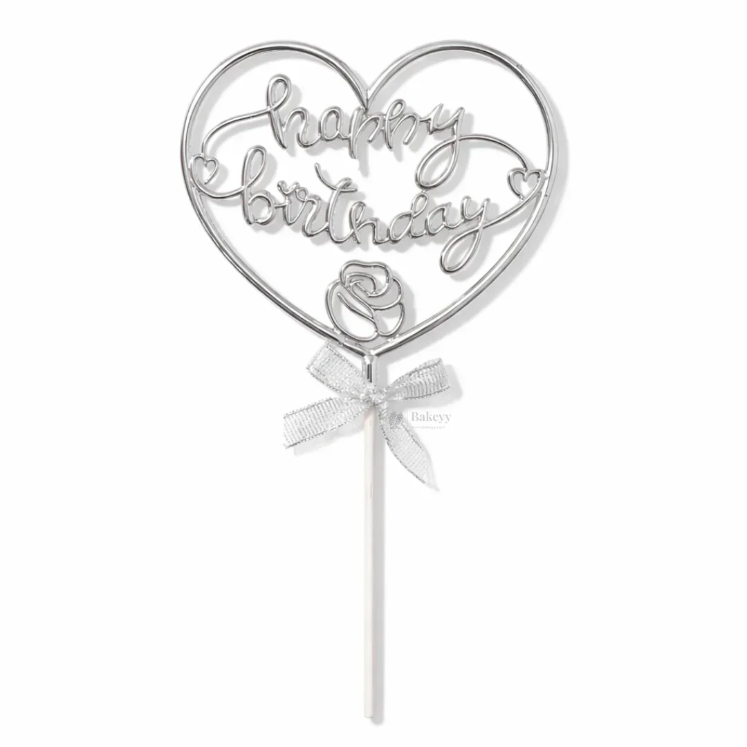 8.5 Inch | Metallic Silver Happy Birthday Cake Topper with Ribbon | Metallic Silver | 1 Piece - Image 7