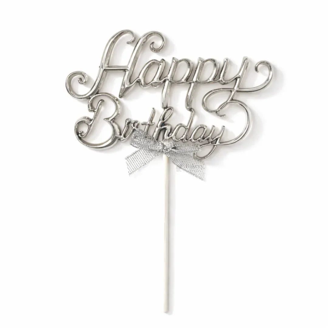 8.5 Inch | Metallic Silver Happy Birthday Cake Topper with Ribbon | Metallic Silver | 1 Piece - Image 8