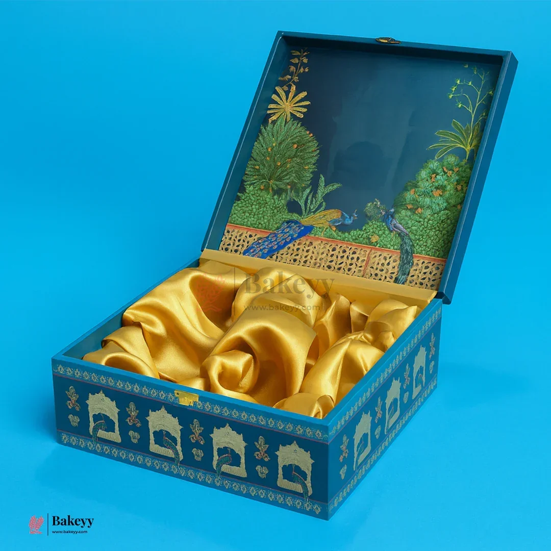 Luxury Peacock-Themed Decorative Square Gift Box with Golden Satin Lining | Pack of 1 - Image 3