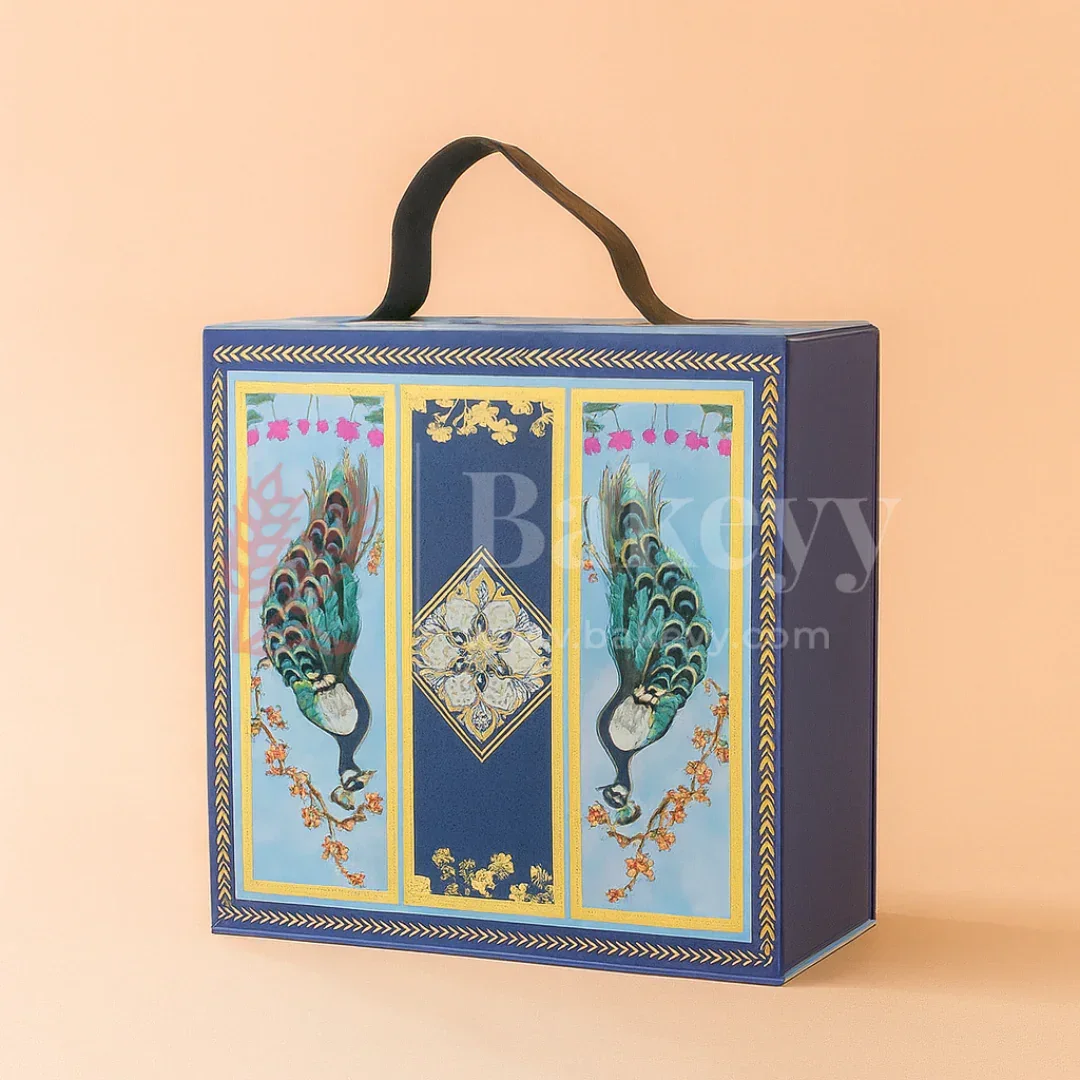 8x8x4 Inch | Royal Blue Peacock Design Hamper Box with Leather Handle | Pack of 1 - Image 3