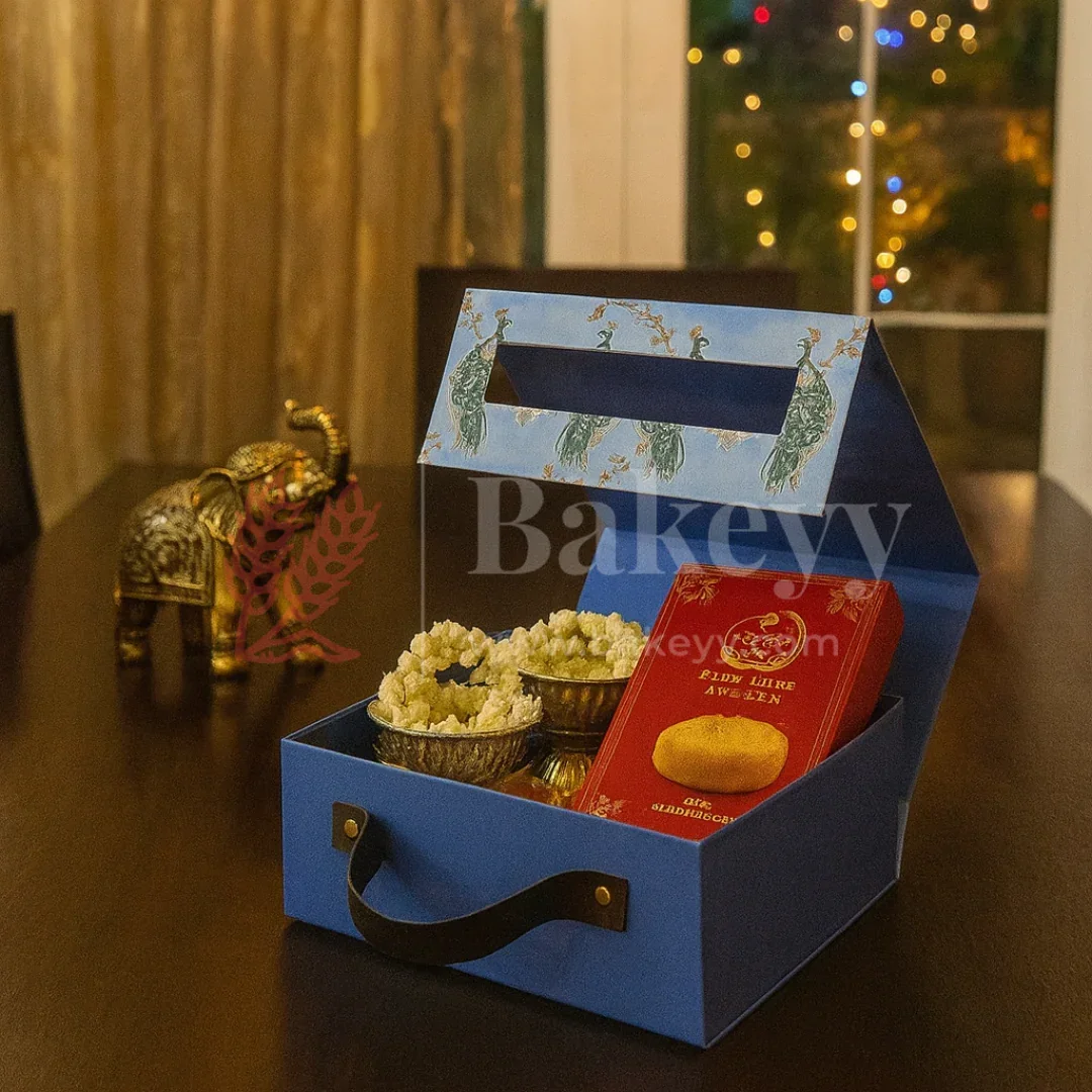 8x8x4 Inch | Royal Blue Peacock Design Hamper Box with Leather Handle | Pack of 1 - Image 4