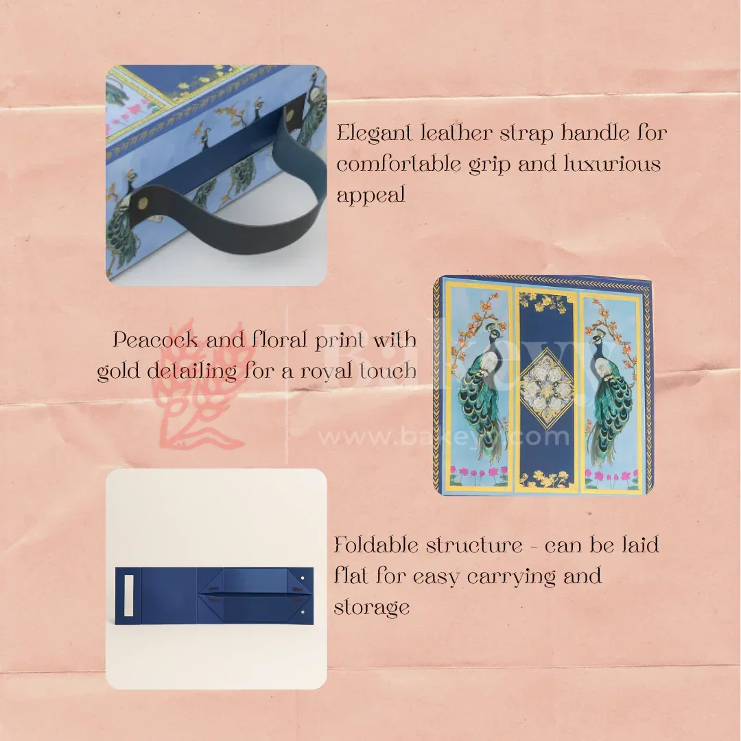 8x8x4 Inch | Royal Blue Peacock Design Hamper Box with Leather Handle | Pack of 1 - Image 5