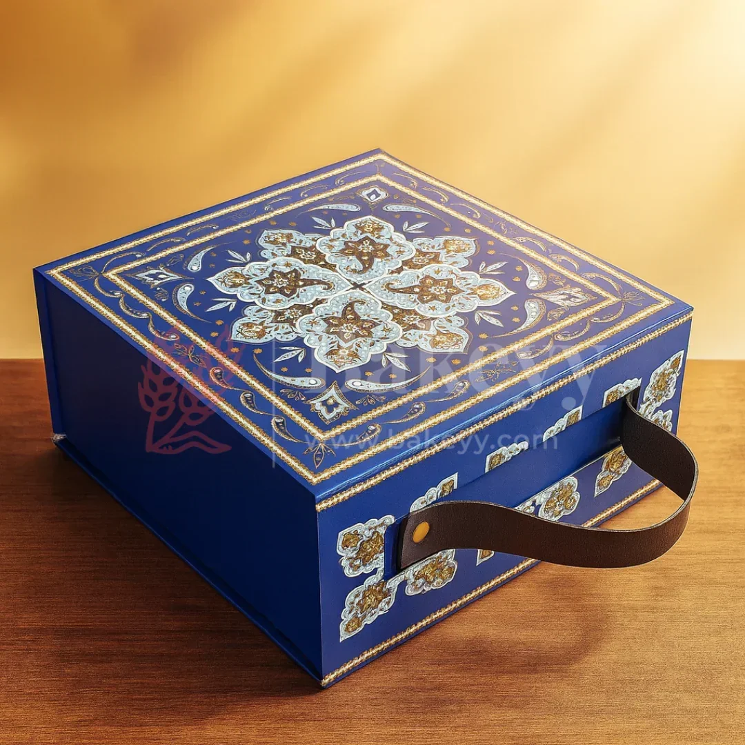 8x8x4 Inch | Royal Blue Persian Design Hamper Box with Leather Handle | Pack of 1 - Image 3