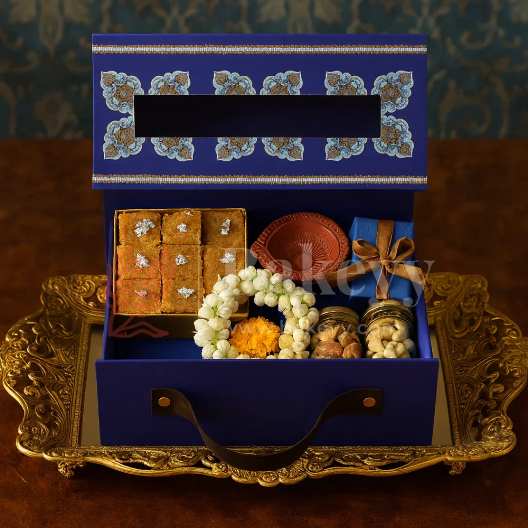 8x8x4 Inch | Royal Blue Persian Design Hamper Box with Leather Handle | Pack of 1 - Image 4