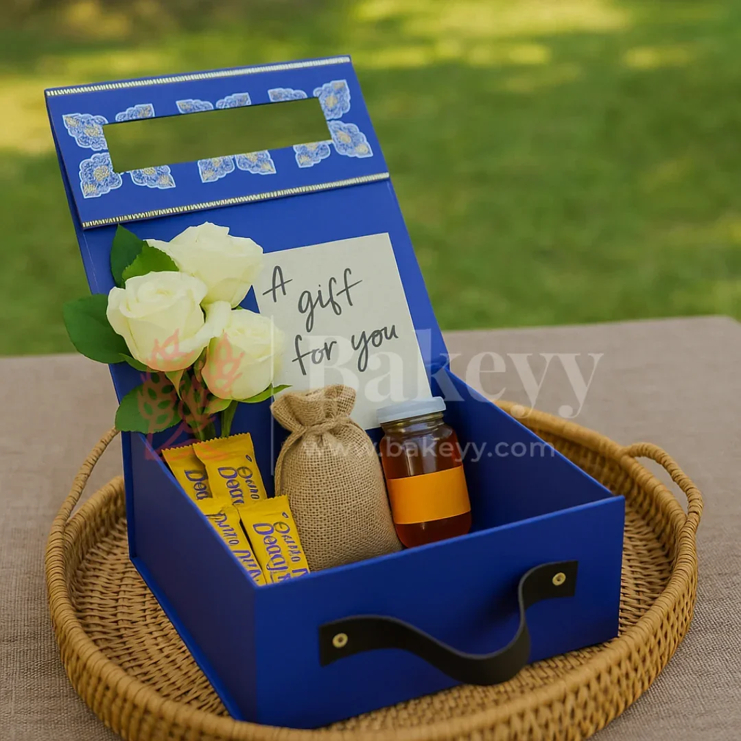 8x8x4 Inch | Royal Blue Persian Design Hamper Box with Leather Handle | Pack of 1 - Image 5