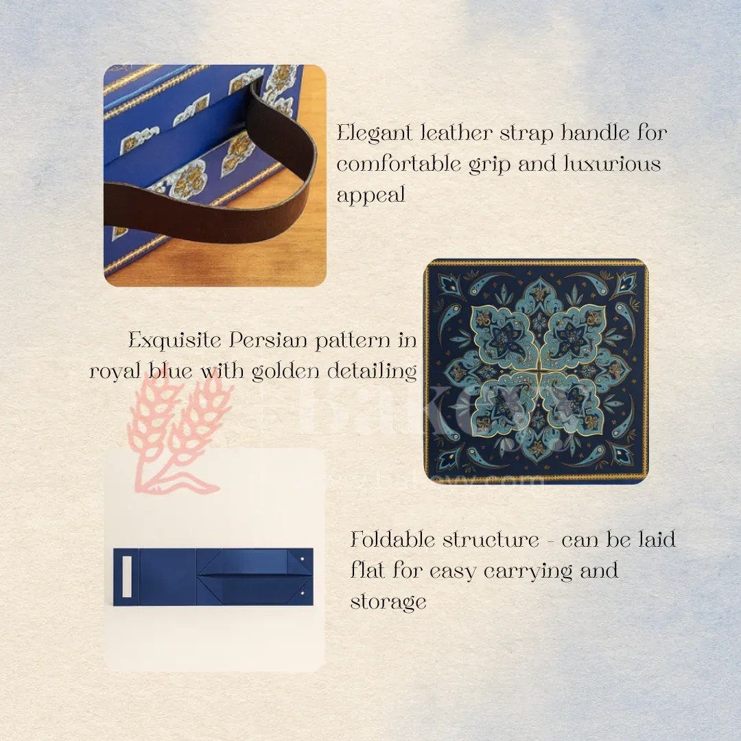 8x8x4 Inch | Royal Blue Persian Design Hamper Box with Leather Handle | Pack of 1 - Image 6