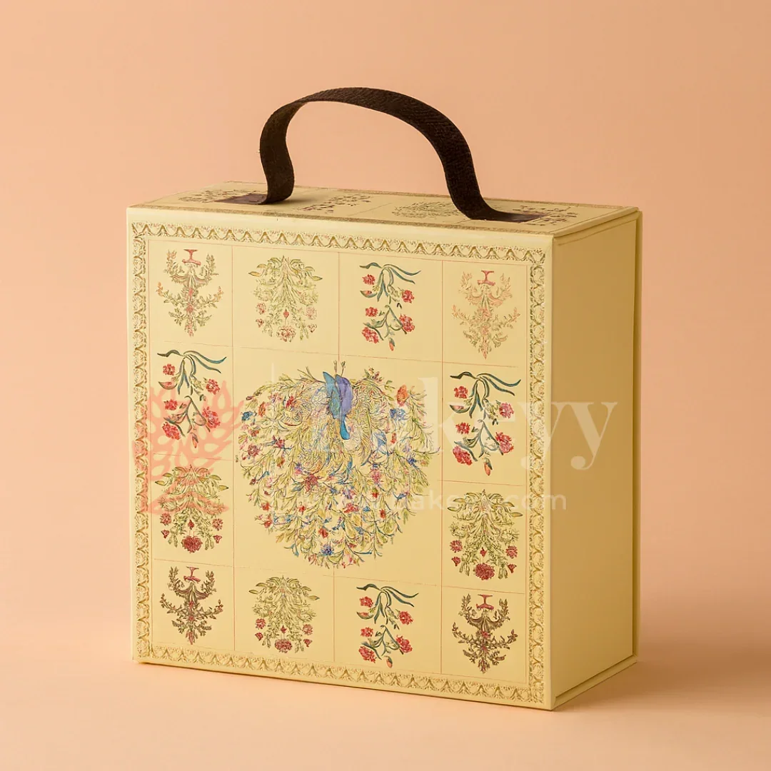 8x8x4 Inch | Yellow Peacock Design Hamper Box with Leather Handle | Pack of 1 - Image 3