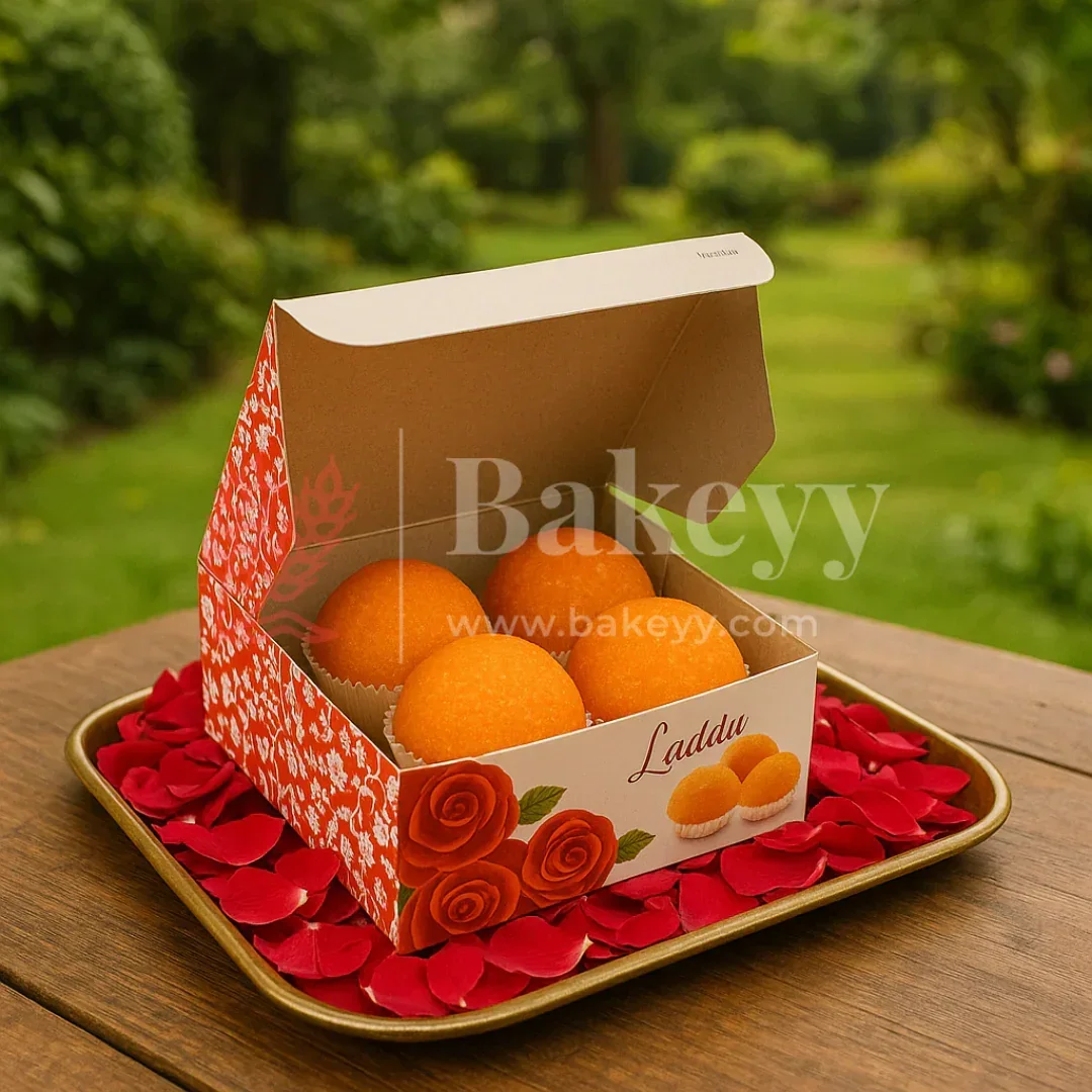 9x9x4 cm | 4 Ladoo sweet box | Premium grey back | Rose print | Pack of 100 - Image 4