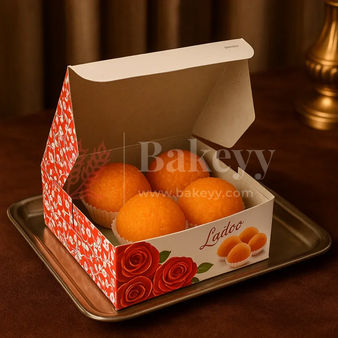 9x9x4 cm | 4 Ladoo sweet box | Premium grey back | Rose print | Pack of 100 - Image 5