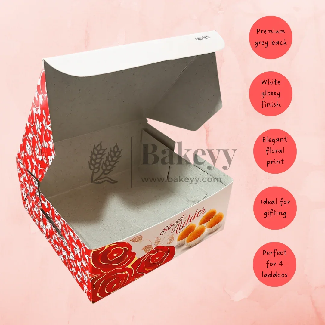 9x9x4 cm | 4 Ladoo sweet box | Premium grey back | Rose print | Pack of 100 - Image 6