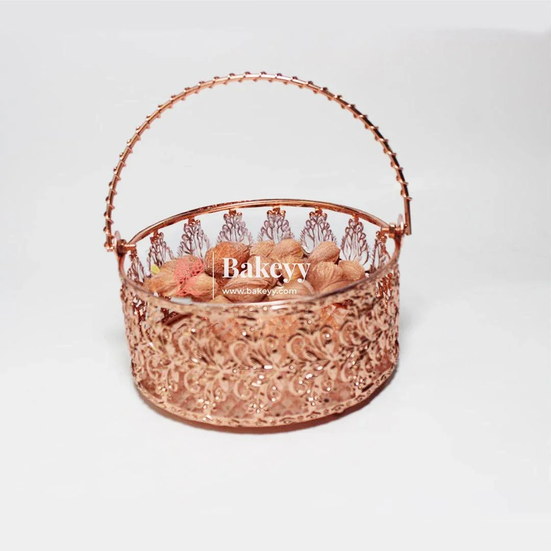 6 inch Rose Gold Metal Basket | Luxury Serving & Gifting Essential | Gift Baskets For Dry Fruits ,Gift Hampers, Return Gift for wedding, Anniversary, Birthday, house warming - Image 3