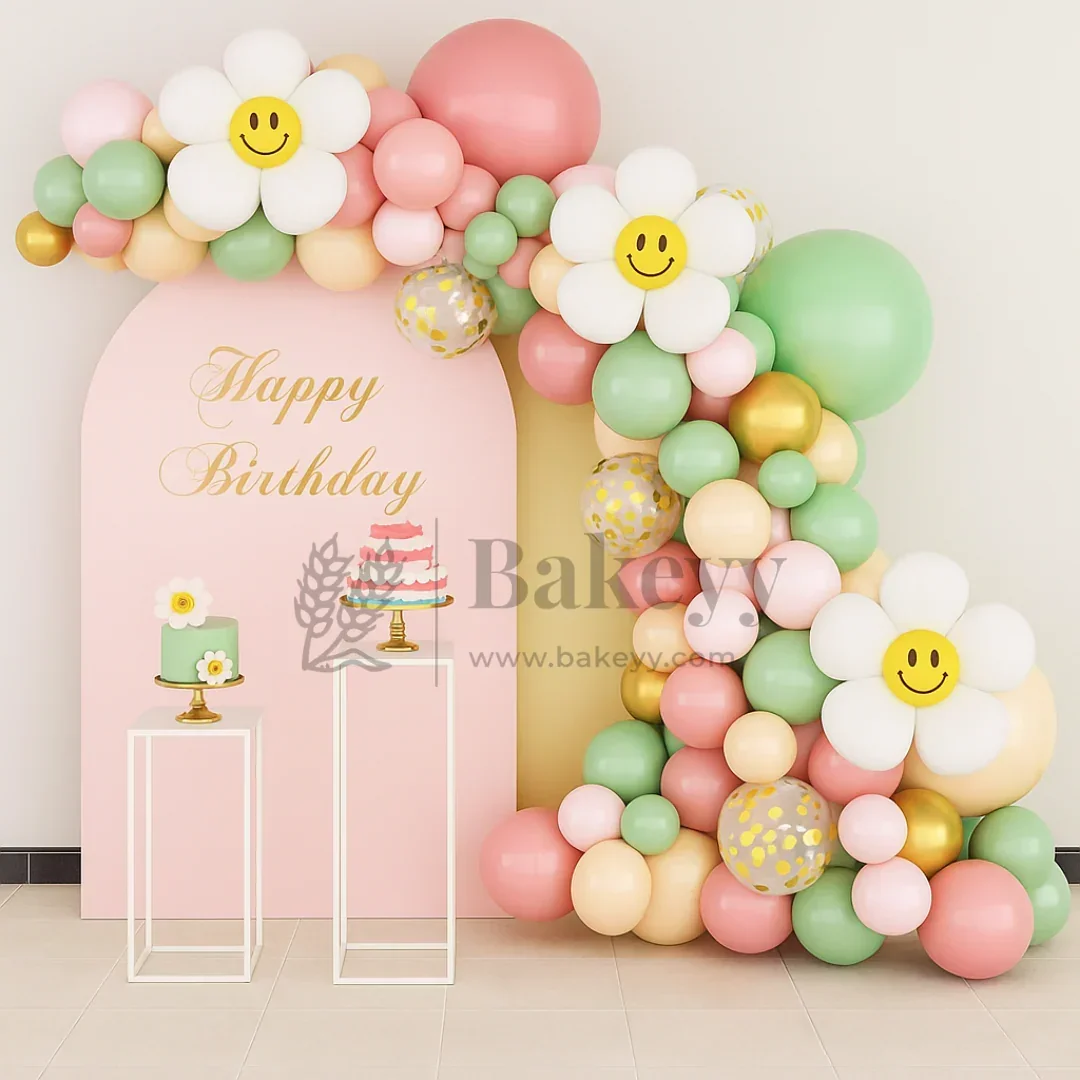 Pastel Birthday Balloon Arch Kit with Smiley Flowers | Party Decor | Pack of 1