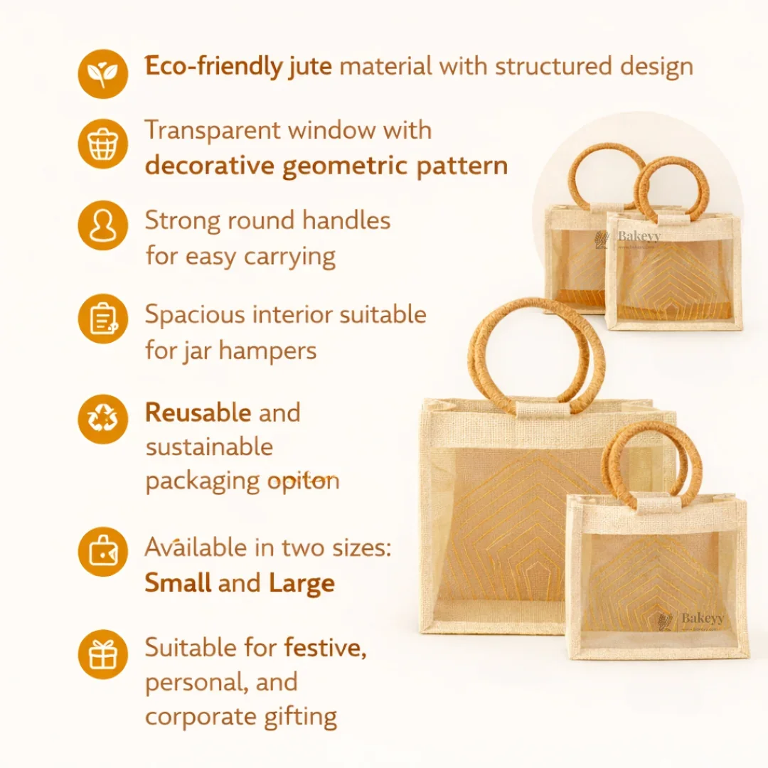 Beige & Cream Jute Gift Bag with Transparent Window & Round Handles | Pack Of 1 - Image 3