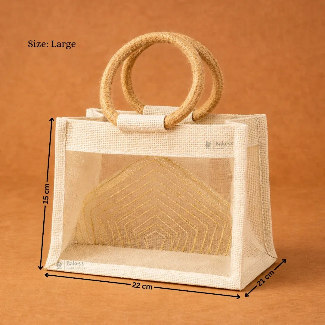 Beige & Cream Jute Gift Bag with Transparent Window & Round Handles | Pack Of 1 - Image 5