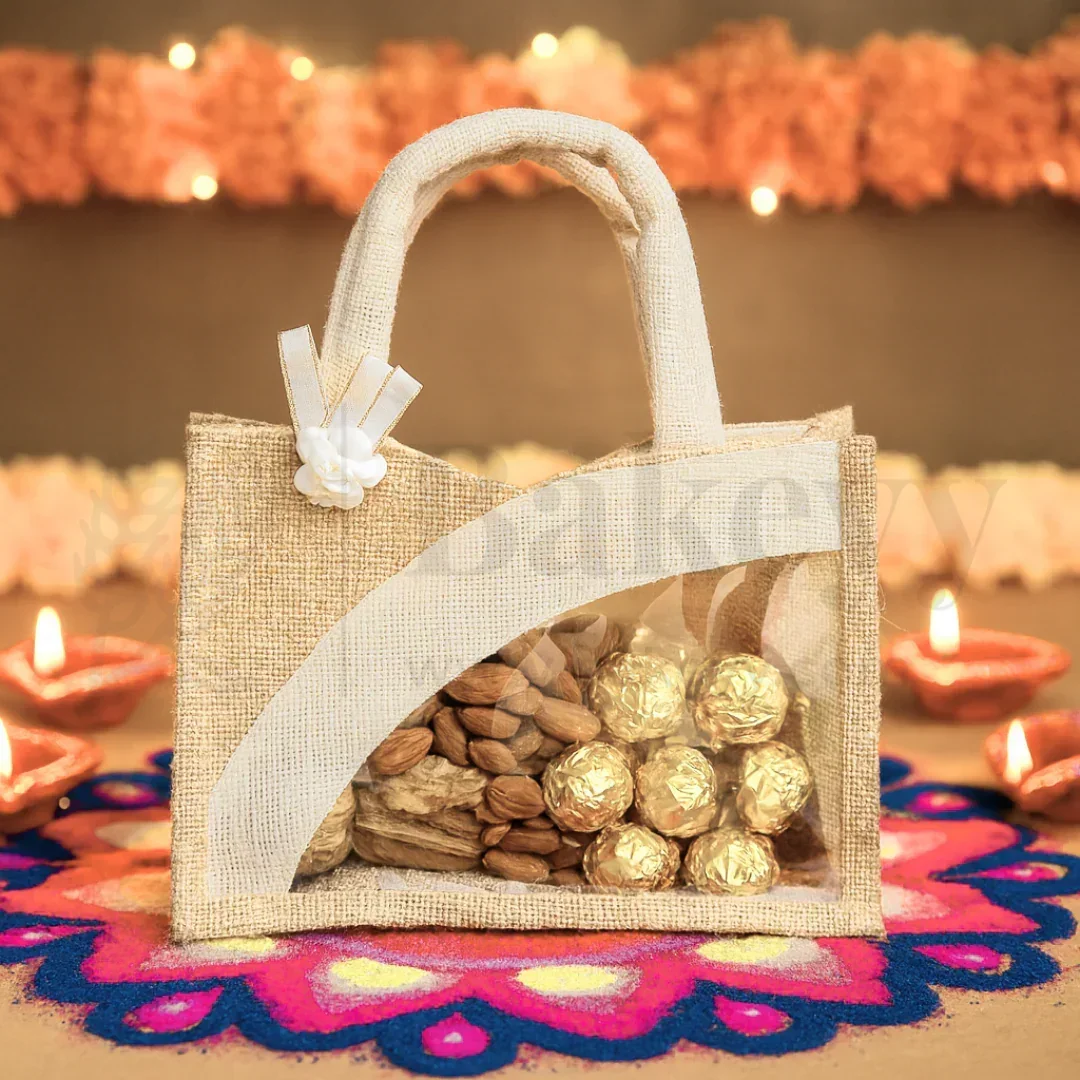 Beige & Cream Jute Gift Bag with Window & Handle | 2 Sizes Available | Pack of 1 - Image 3
