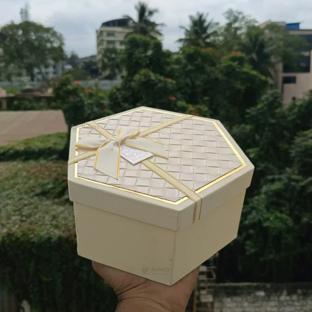 Beige Hexagon Gift Box with Ribbon | Luxury Rigid Hamper & Chocolate Packaging Box | Available in 3 Sizes | Pack of 1 - Image 2