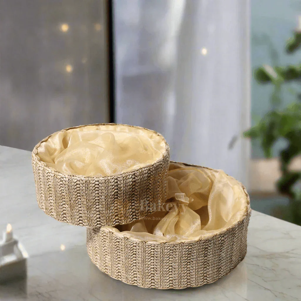 Beige Round Gift Basket | Natural Textured Hamper with Satin Lining - Image 6