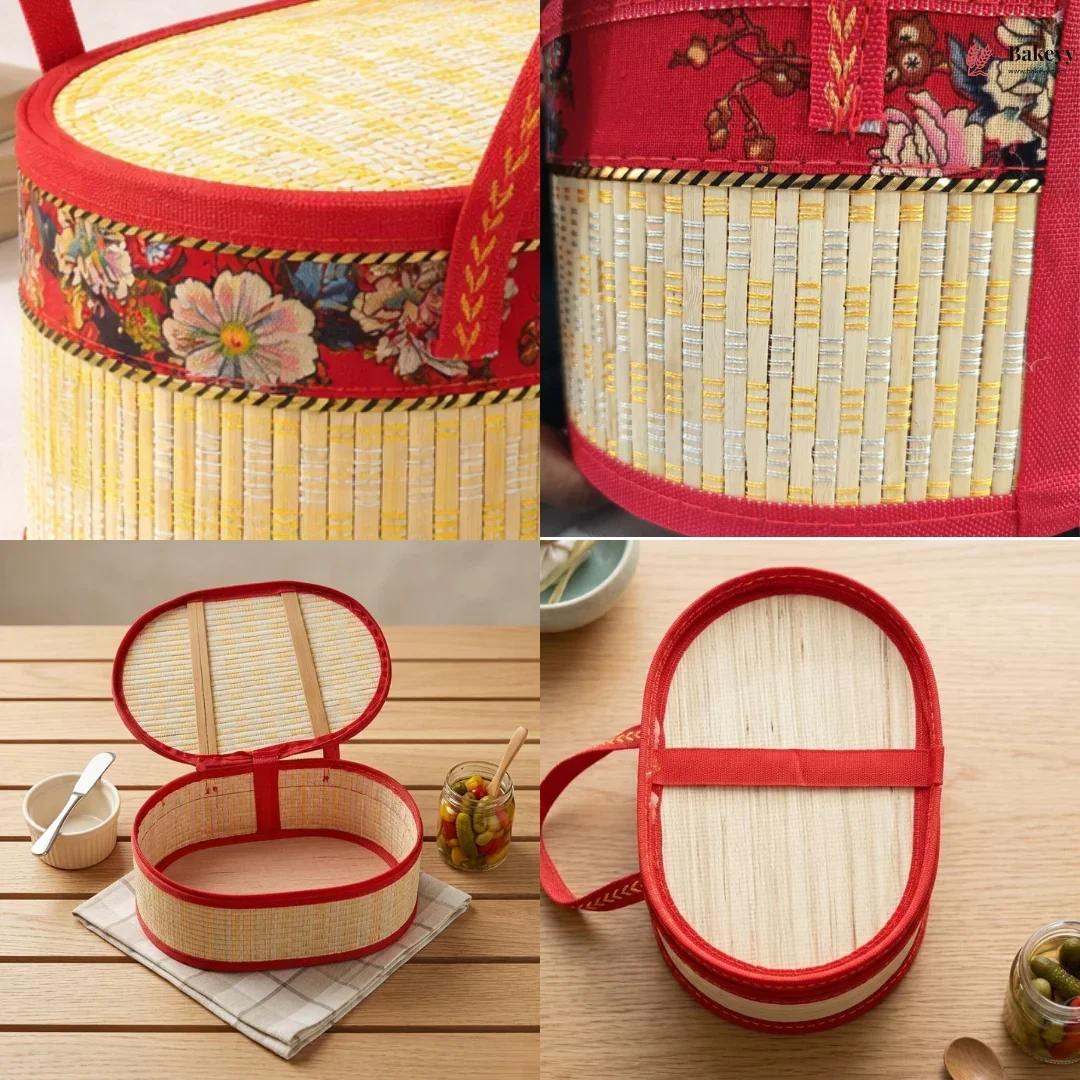Beige Wooden Oval Basket with Red Handle | Metallic Weave Collapsible Gift Basket | Floral Fabric Design | Pack of 1 - Image 3
