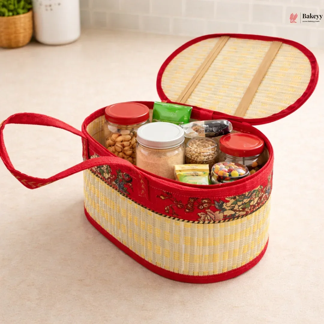 Beige Wooden Oval Basket with Red Handle | Metallic Weave Collapsible Gift Basket | Floral Fabric Design | Pack of 1 - Image 4