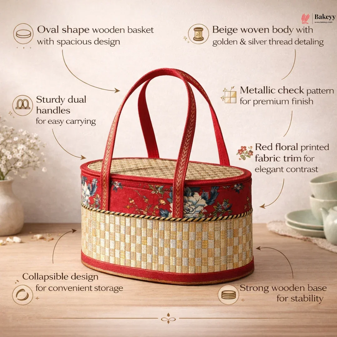Beige Wooden Oval Basket with Red Handle | Metallic Weave Collapsible Gift Basket | Floral Fabric Design | Pack of 1 - Image 5