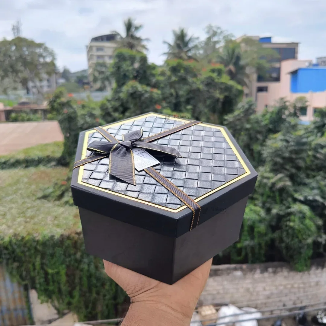 Black Hexagon Gift Box with Ribbon | Luxury Rigid Hamper & Chocolate Packaging Box | Available in 3 Sizes | Pack of 1 - Image 2