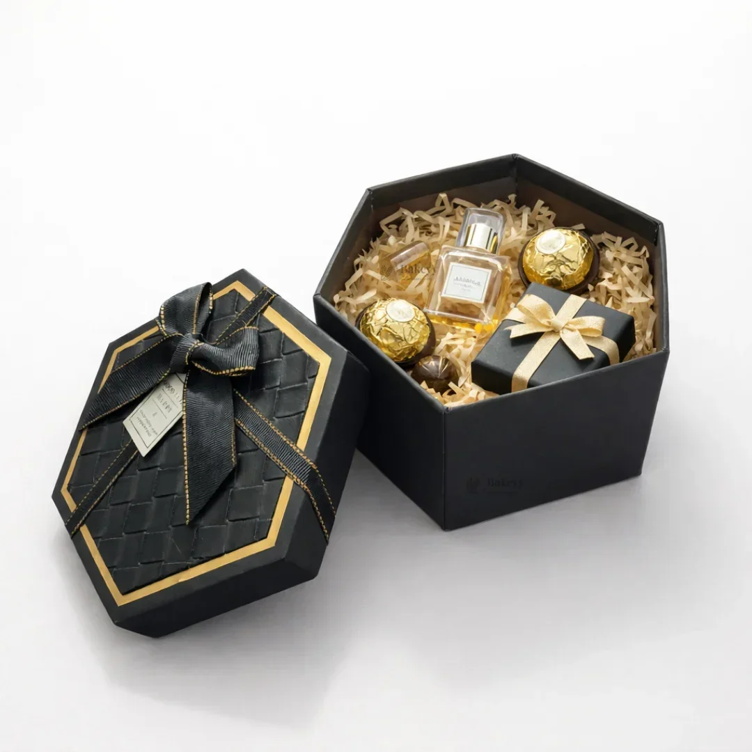 Black Hexagon Gift Box with Ribbon | Luxury Rigid Hamper & Chocolate Packaging Box | Available in 3 Sizes | Pack of 1 - Image 3