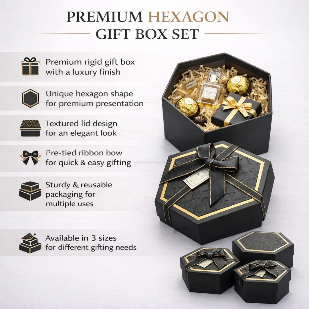 Black Hexagon Gift Box with Ribbon | Luxury Rigid Hamper & Chocolate Packaging Box | Available in 3 Sizes | Pack of 1 - Image 4