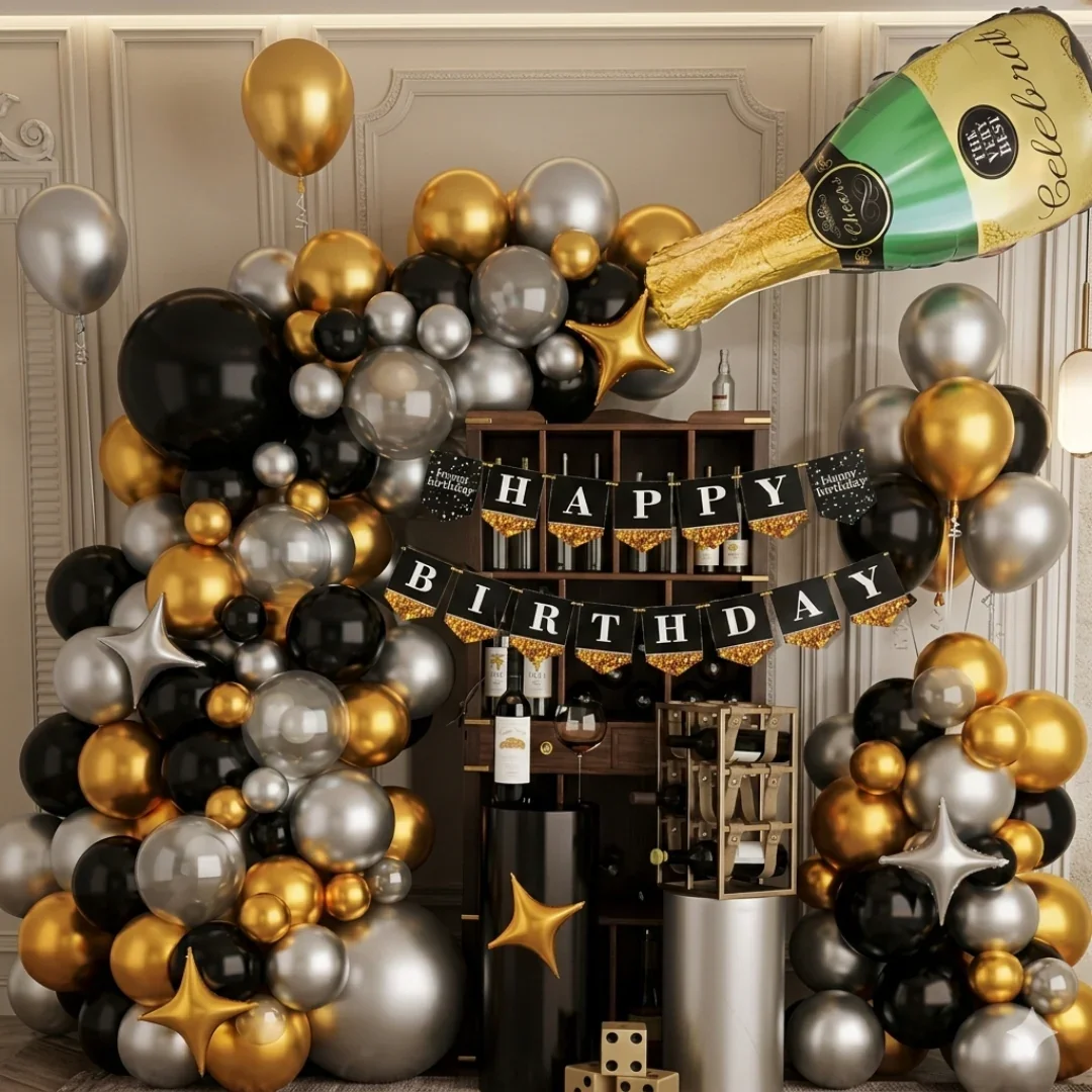Black Gold Silver Balloon Arch Decoration Kit | Happy Birthday Theme | Party Decor Set | Pack of 1