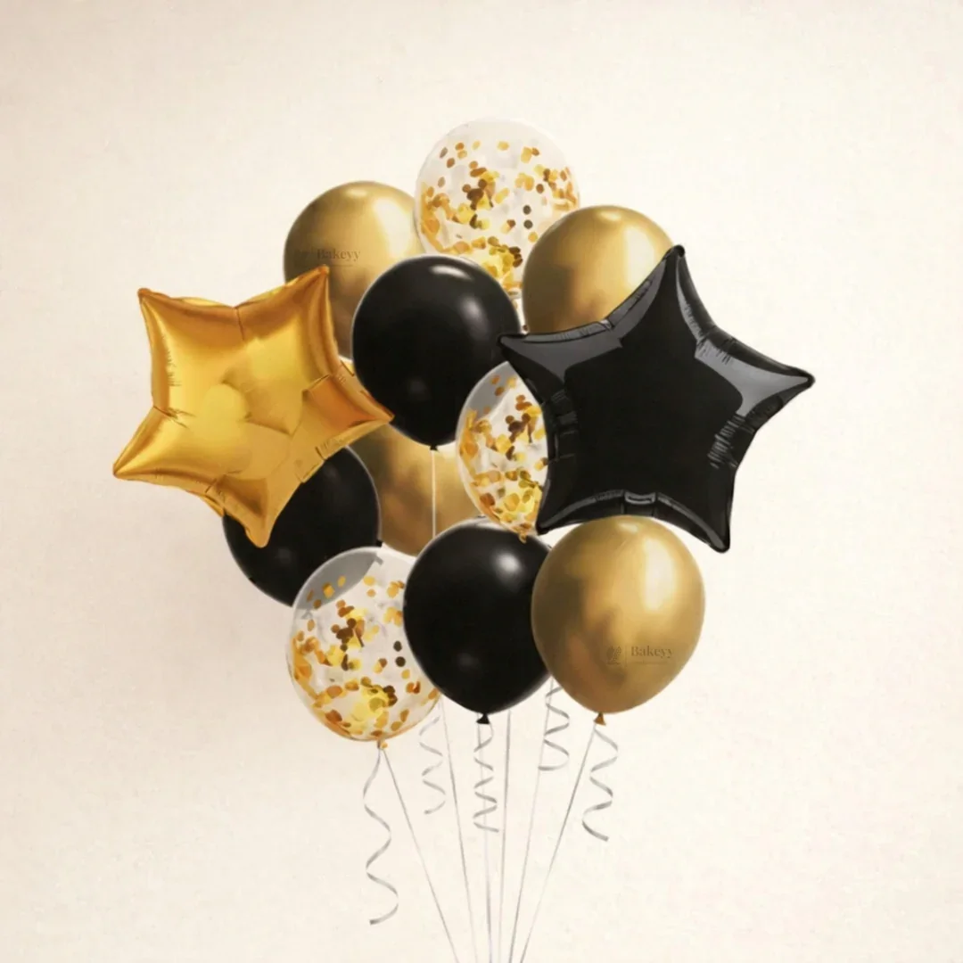 Black Gold Star Balloon Decoration Set | Foil Star Balloons with Black & Gold Metallic + Gold Confetti Balloons | Party Decor Combo Kit | 12 Pcs Set | Pack of 1