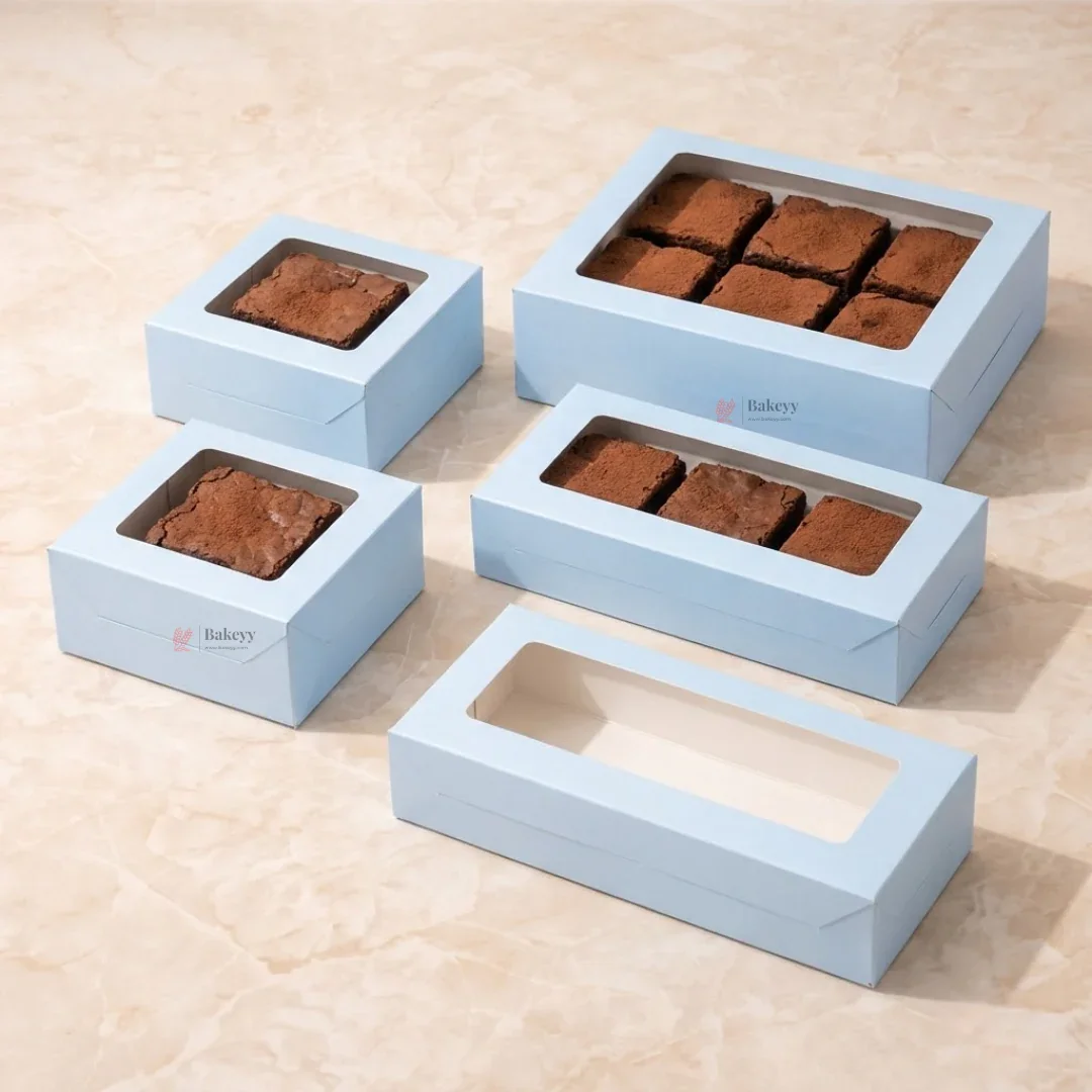 Blue Color Brownie Box | L Shape Window & Top Window | Multiple Capacities Available | Pack of 10