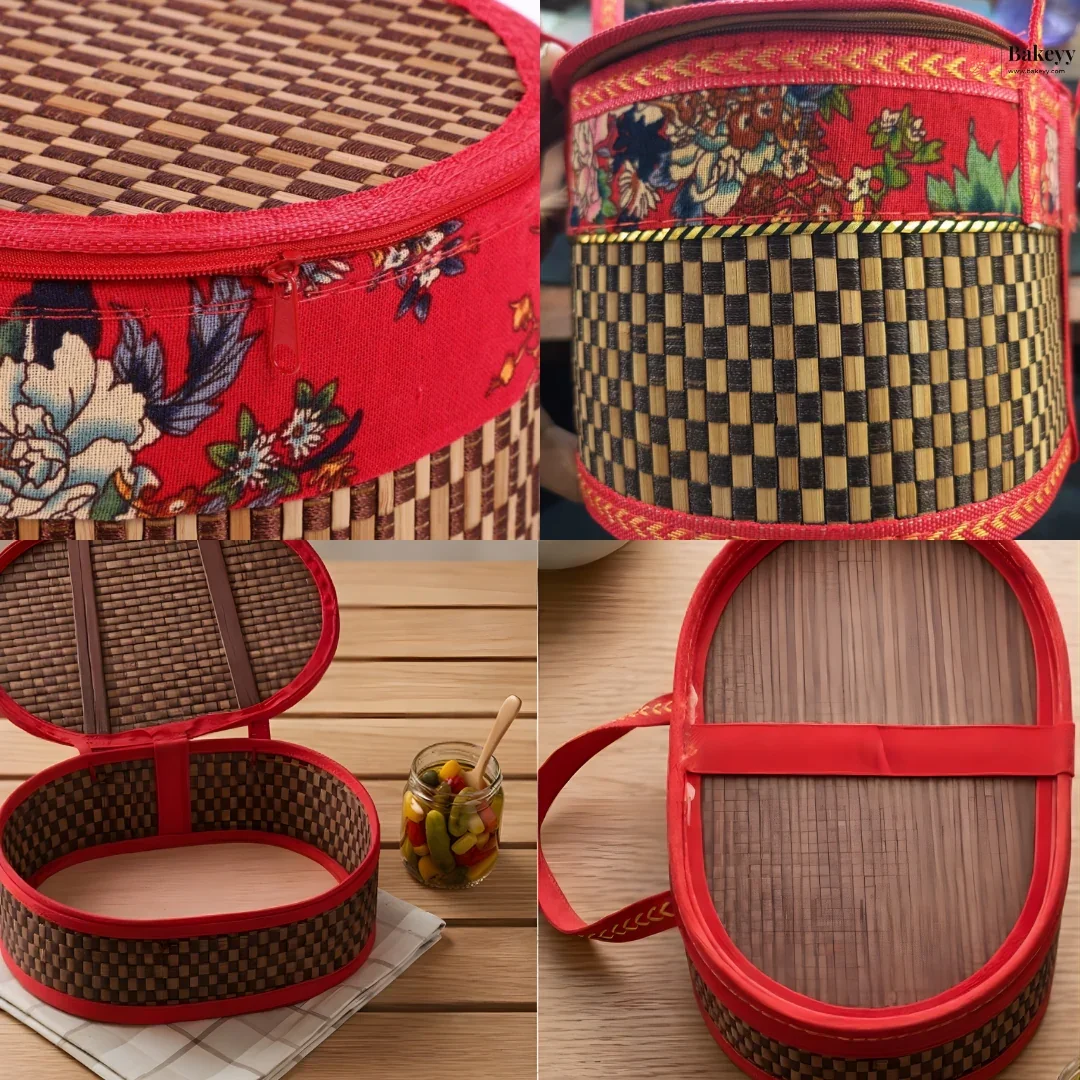 Brown Wooden Oval Basket with Red Handle | Collapsible Woven Gift Basket | Floral Fabric Design | Pack of 1 - Image 3