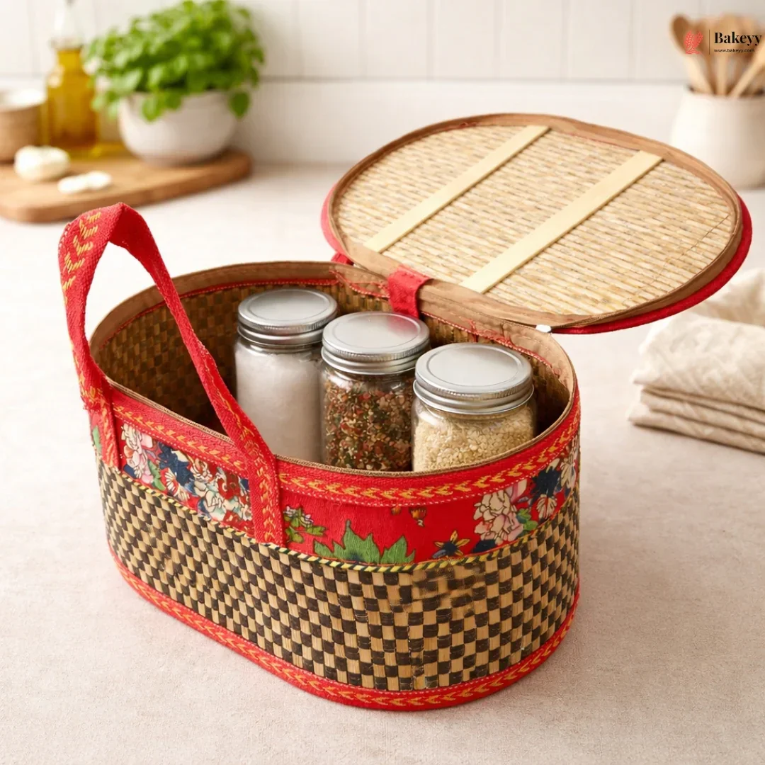 Brown Wooden Oval Basket with Red Handle | Collapsible Woven Gift Basket | Floral Fabric Design | Pack of 1 - Image 4